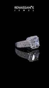Platinum Asscher Cut Halo Diamond Ring with Round  Split Shank and Prong Setting