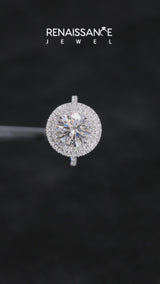 Silver Double Halo Emerald Cut Diamond Pavé Band with Four-Prong Setting