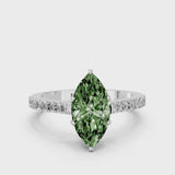 White gold Fancy Green Marquise  Cut Solitaire Diamond Engagement Ring with Pave Band and Four-Prong Setting