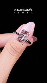 Platinum Fancy Pink Emerald  Cut Solitaire Engagement Ring with Thin Band and Four-Prong Setting