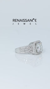 Silver Cushion Cut Halo Moissanite Ring with Round  Split Shank and Prong Setting