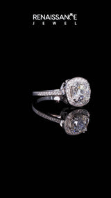 Silver Emerald Cut Diamond Halo Ring with Split Shank and Four-Prong Setting