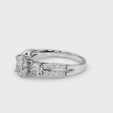 Platinum Oval Cut Diamond Three-Stone Ring with Pavé Split Shank and Four-Prong Setting
