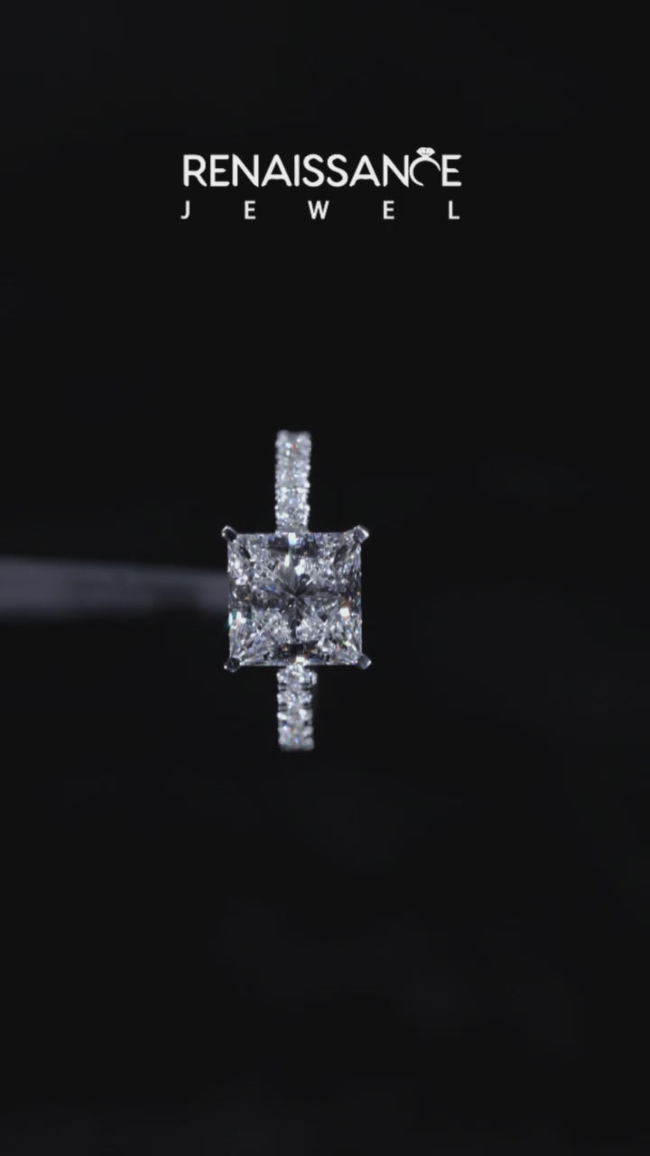 Silver Princess Solitaire Diamond with Pavé Band and Four-Prong Setting 4