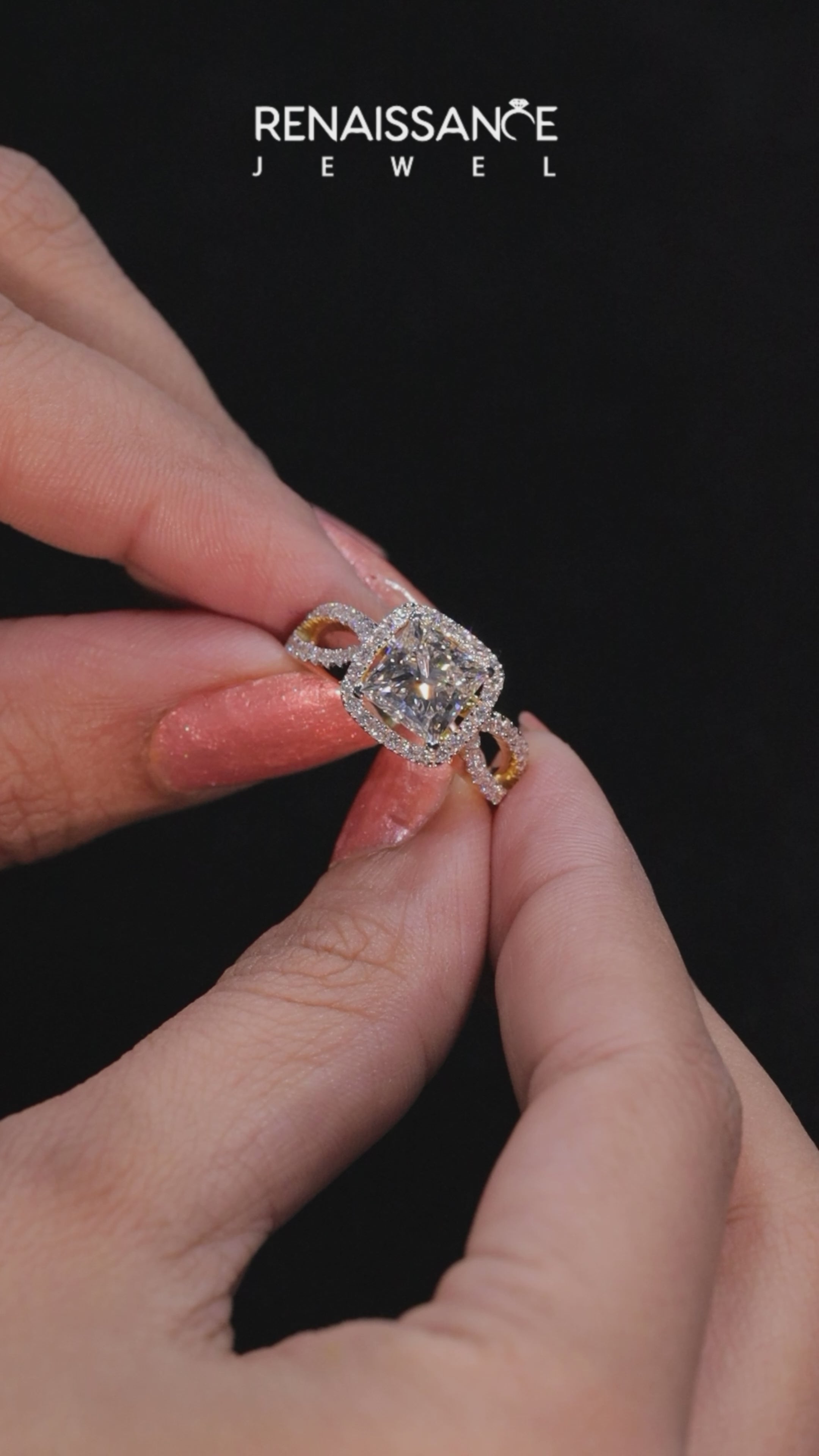 Yellow gold Princess Cut Halo Split Shank Pave Set Ring 6