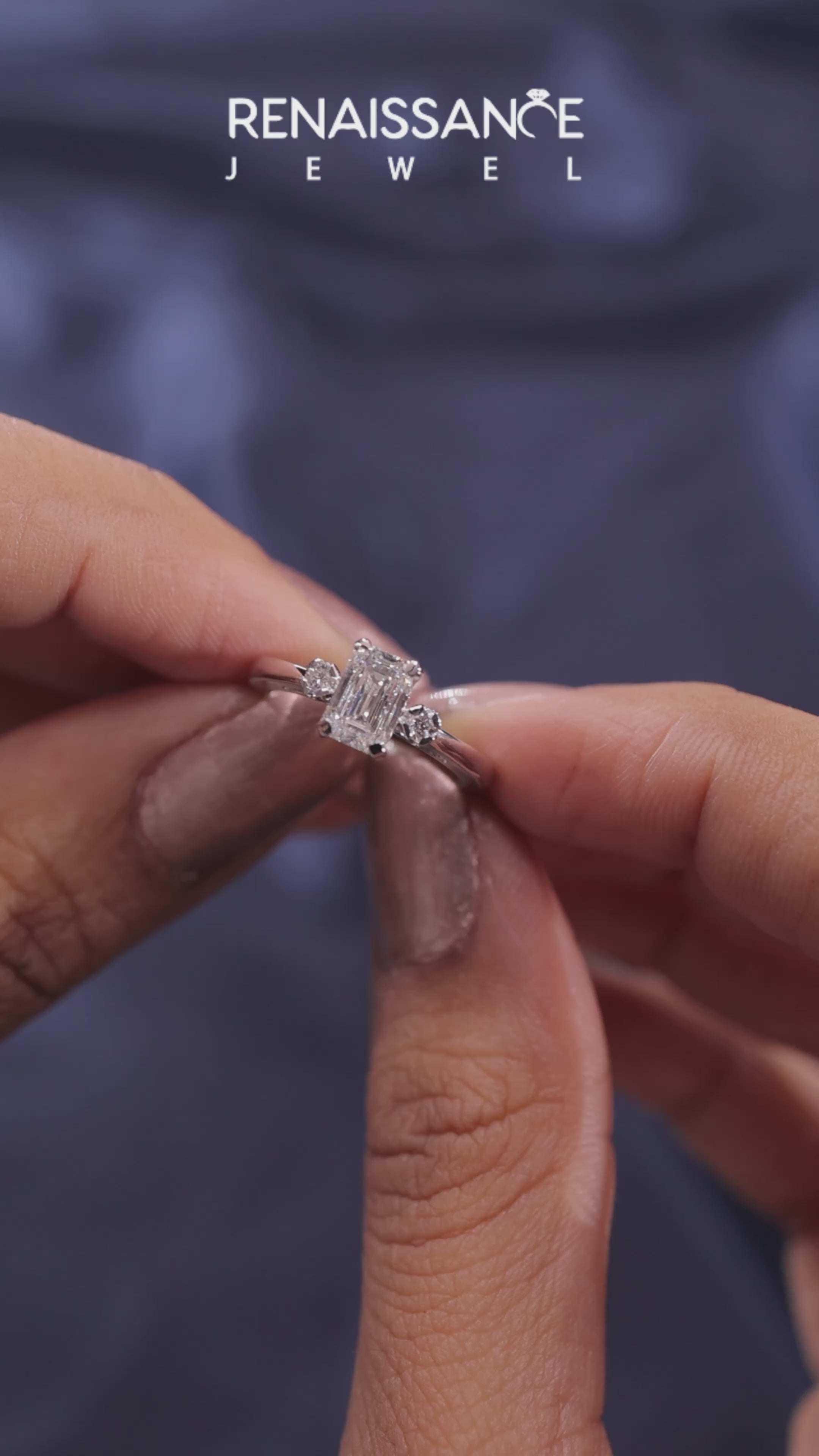 Silver Emerald Cut Three-Stone Solitaire Ring with Round Accent Diamonds and Four-Prong Setting 6