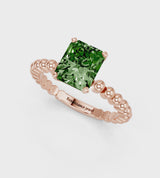 Rose gold Fancy Green Radiant Cut Diamond Solitaire Ring with Beaded Band and Prong Setting