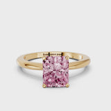 Yellow gold Fancy Pink Radiant Cut Diamond Solitaire Ring with Six-Prong Setting and Classic Band