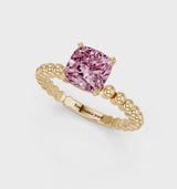 Yellow gold Fancy Pink Cushion Cut Diamond Solitaire Ring with Beaded Band and Prong Setting