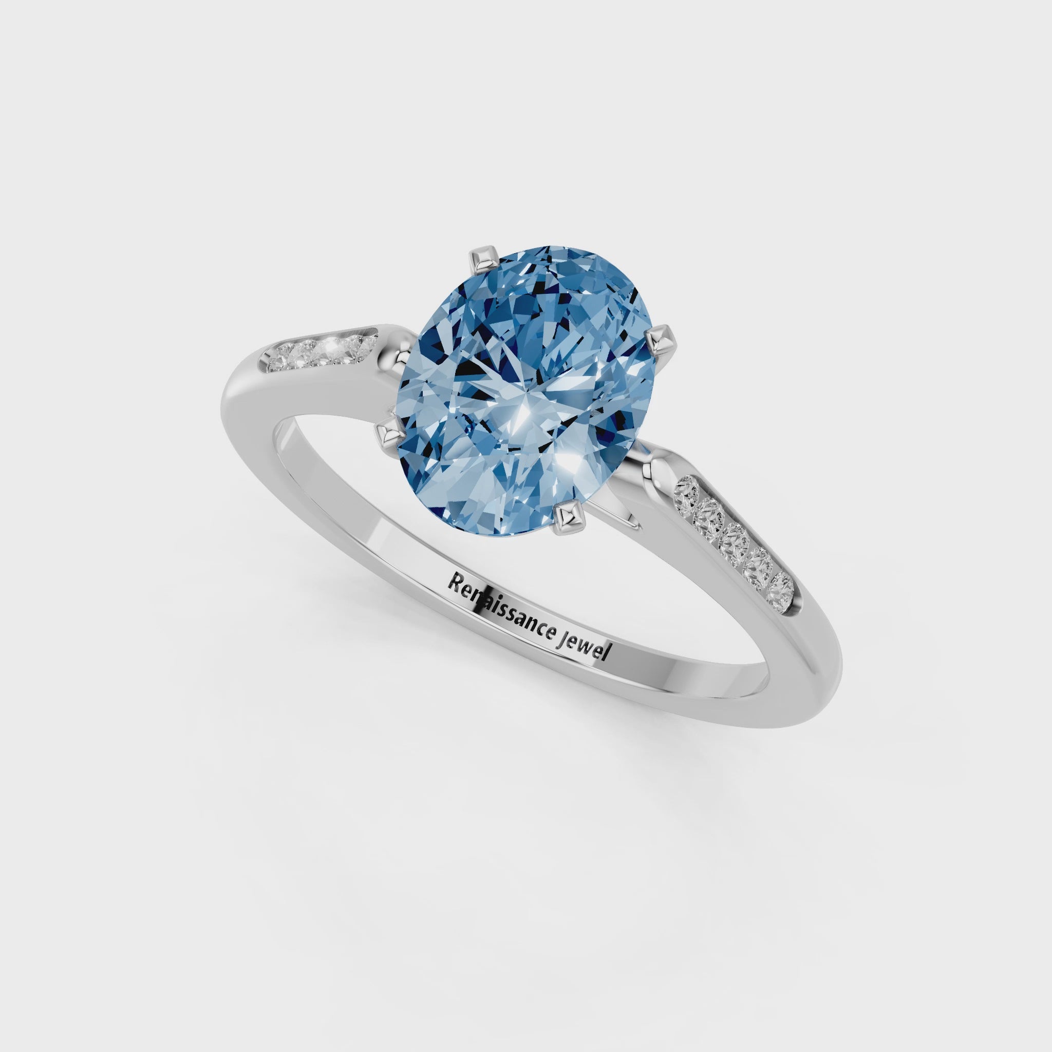 White gold Fancy Blue Oval  Cut Channel Set Solitaire Engagement Ring with Four-Prong Setting_107