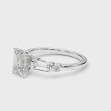 White gold Radiant Cut Diamond Ring with Baguette Side Stones, Channel Set Band, and Four-Prong Setting