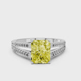 Platinum Fancy Yellow Radiant Cut Diamond Solitaire Engagement Ring with Split Shank Pavé Band