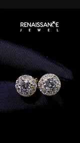 Yellow gold Round Cut Diamond Halo Stud Earrings