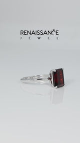 Silver Emerald Cut Garnet Solitaire Engagement Ring with Round Band and Four-Prong Setting