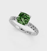 Platinum Fancy Green Cushion  Solitaire Pave Diamond Engagement Ring with Four-Prong Setting