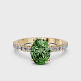 Yellow gold Fancy Green Oval Cut Diamond Solitaire Pavé Band with Four-Prong Setting