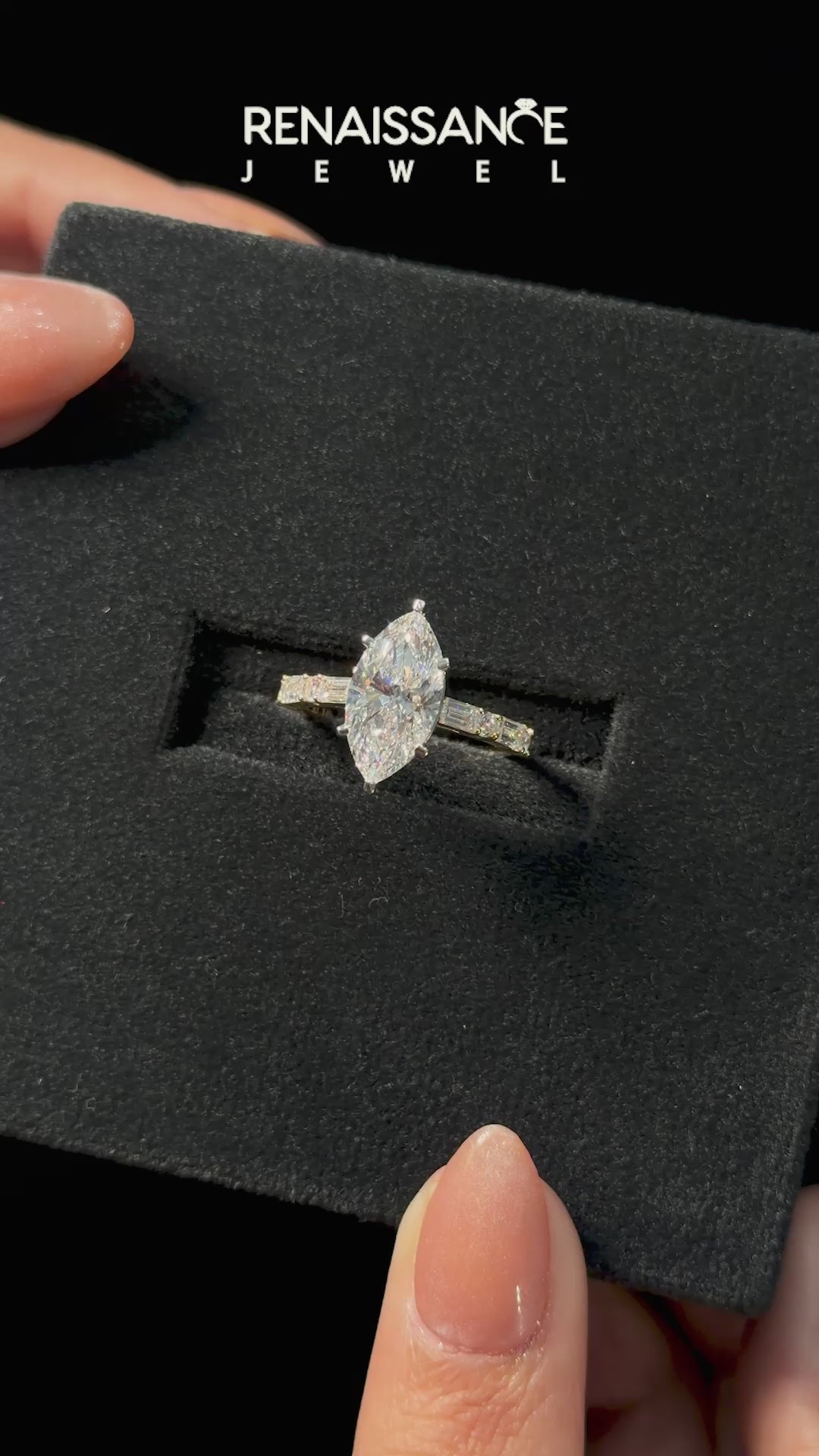 Yellow gold Marquise Solitaire with Side Baguettes and Channel Set Band_7