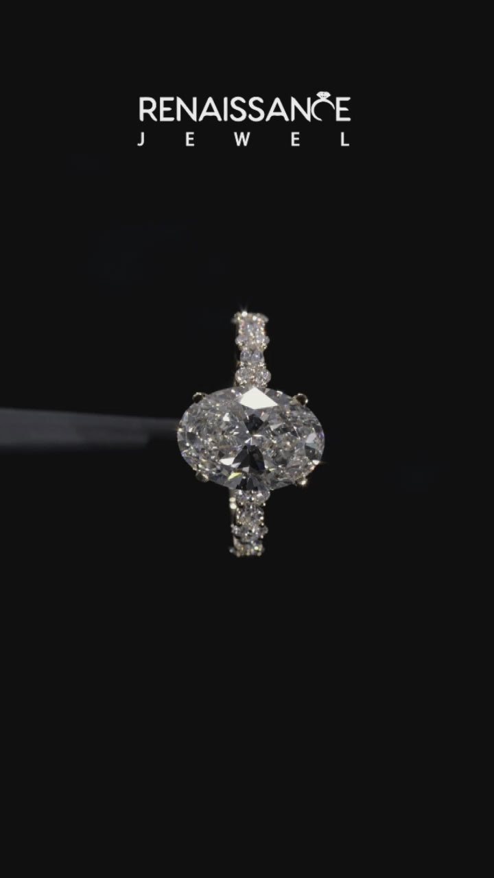 Yellow gold Oval Solitaire with Side Stones, Pave Band, Four-Prong Setting 6