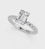 Platinum Emerald Cut Diamond Solitaire Ring with Beaded Band and Prong Setting