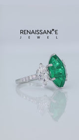 Silver Three-Stone Marquise Cut Emerald Ring with Round  Pavé Band and Prong Setting