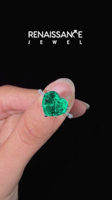 Silver Heart Cut Emerald Ring with Marquise and Round  Side Stones and Four-Prong Setting