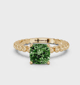 Yellow gold Fancy Green Cushion Cut Diamond Solitaire Ring with Beaded Band and Prong Setting