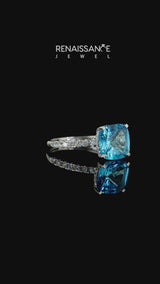 Silver Cushion Cut Blue Topaz Pave Band Solitaire Ring with Round  and Prong Setting