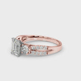 Rose gold Radiant Cut Diamond Three-Stone Ring with Pavé Split Shank and Four-Prong Setting