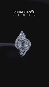Silver Oval Diamond Halo Ring with Marquise and Pavé Band in Prong Setting