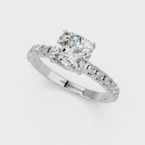 Silver Cushion Cut Diamond Solitaire Pavé Band with Four-Prong Setting