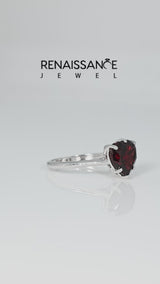 Silver Heart Cut Garnet Solitaire Ring with Flower Prong Setting and Classic Band