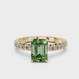 Yellow gold Fancy Green Emerald  Solitaire Pave Diamond Engagement Ring with Four-Prong Setting