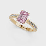 Yellow gold Fancy Pink Emerald  Cut Solitaire Diamond Engagement Ring with Pave Band and Four-Prong Setting