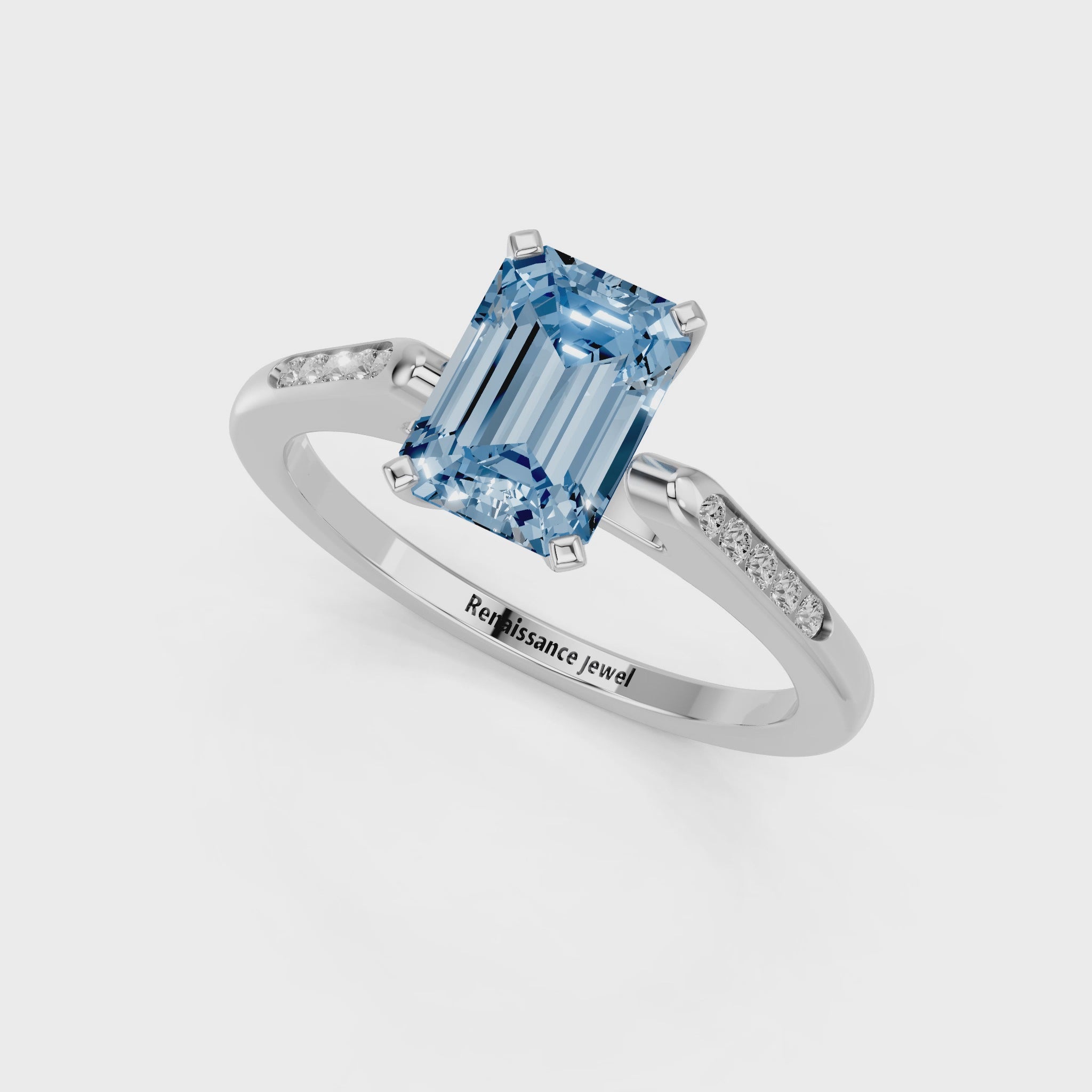 White gold Fancy Blue Emerald  Cut Channel Set Solitaire Engagement Ring with Four-Prong Setting_82