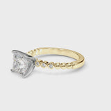 Yellow gold Princess Solitaire Bezel Accent Diamond Engagement Ring with Beaded Band and Four-Prong Setting