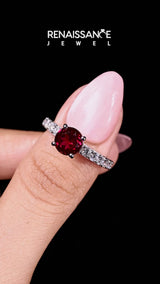 Silver Round Cut Ruby Solitaire Engagement Ring with Pavé Band and Four-Prong Setting