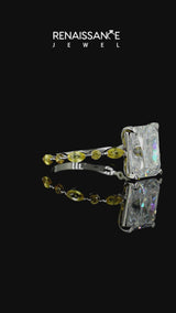 Silver Radiant Cut Diamond Ring with Marquise and Round with Yellow Sapphire side stone Side Stones and Four-Prong Setting