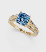 Yellow gold Fancy Blue Cushion Cut Diamond Solitaire Engagement Ring with Split Shank Pavé Band