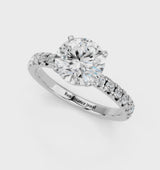 White gold Round Solitaire Pave Diamond Engagement Ring with Four-Prong Setting