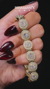 Yellow gold Cushion Halo Diamond Tennis Bracelet with Channel Band and Bezel Setting