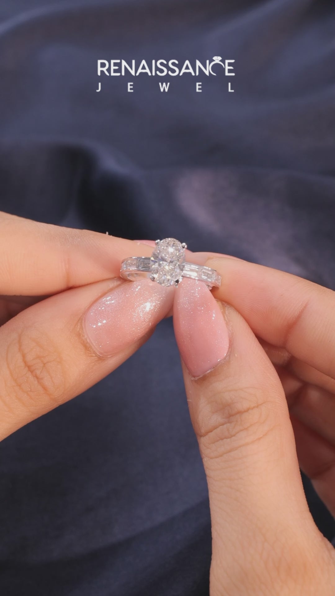 White gold Oval Solitaire Diamond Ring with Channel-Set Baguette Band and Four-Prong Setting_24