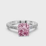 Platinum Fancy Pink Radiant  Cut Solitaire Diamond Engagement Ring with Pave Band and Four-Prong Setting