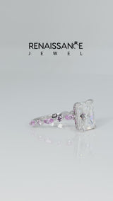 White gold Radiant Cut Diamond Ring with Marquise and Round with Pink Sapphire side stone Side Stones and Four-Prong Setting