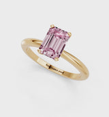 Yellow gold Fancy Pink Emerald Cut Diamond Solitaire Ring with Six-Prong Setting and Classic Band