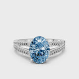 Silver Fancy Blue Oval Cut Diamond Solitaire Engagement Ring with Split Shank Pavé Band