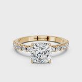 Yellow gold Cushion Cut Diamond Solitaire Pavé Band with Four-Prong Setting