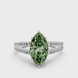Platinum Fancy Green Marquise Cut Diamond Solitaire Engagement Ring with Split Shank Pavé Band