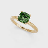 Yellow gold Fancy Green Cushion Cut Diamond Solitaire Ring with Six-Prong Setting and Classic Band