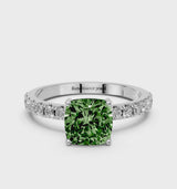 Platinum Fancy Green Cushion Cut Diamond Solitaire Pavé Band with Four-Prong Setting