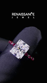Silver Radiant Cut Diamond Ring with Marquise and Round with Ruby side stone Side Stones and Four-Prong Setting